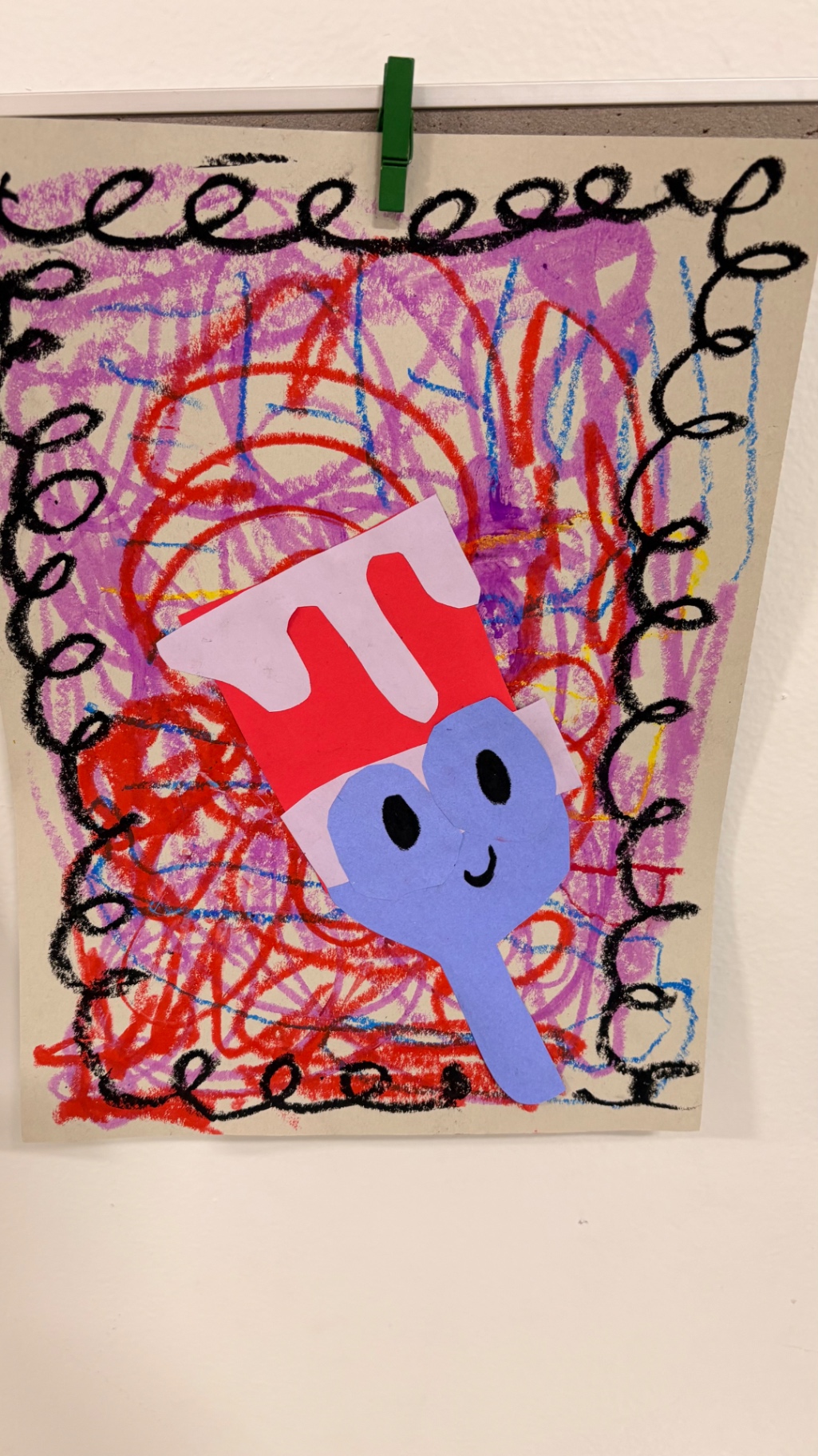 Mixed-media smiling paintbrush collage on a swirly purple background