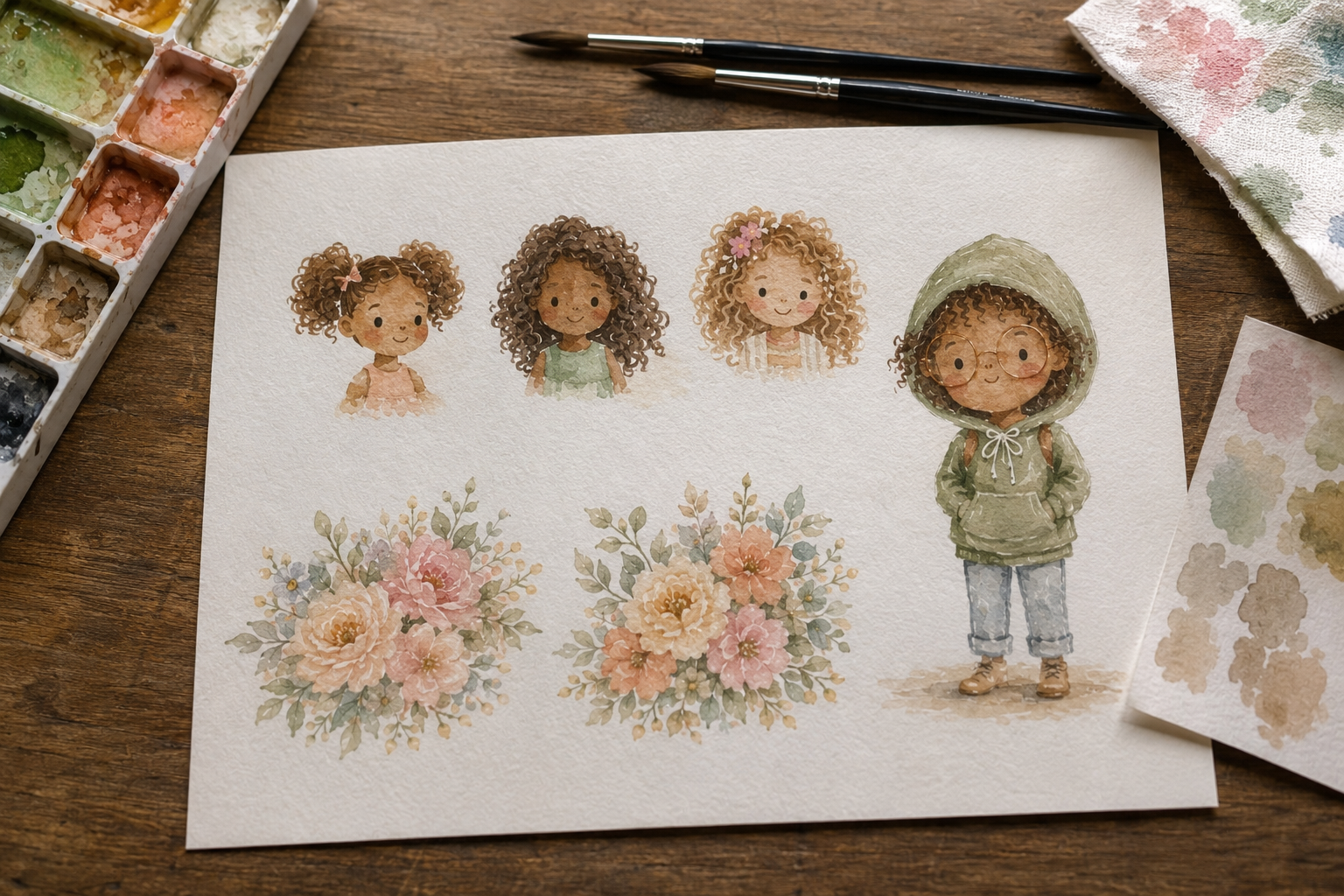 Watercolor scene of a cozy children's art studio with paintbrushes, paint palette, and soft florals