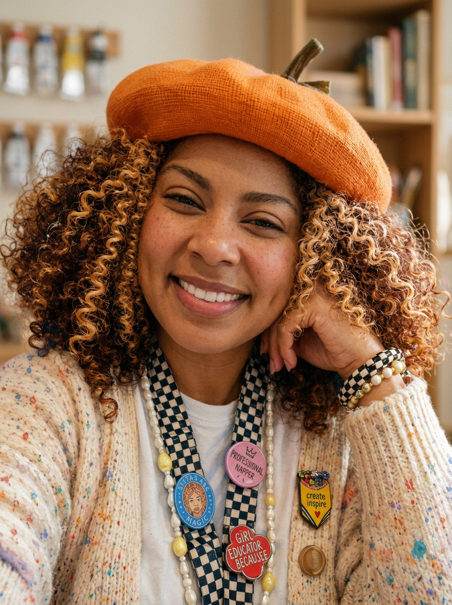 Portrait of Mrs. Kiara wearing a pumpkin hat