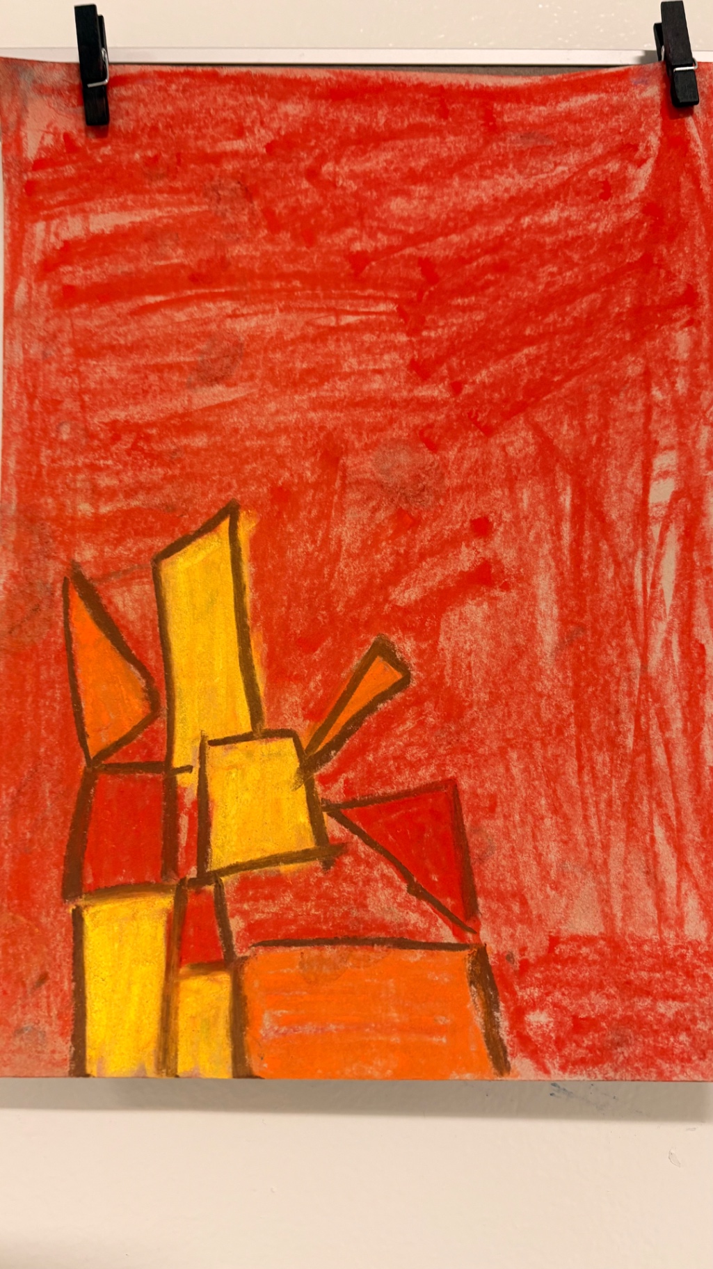 Bold yellow and orange geometric shapes on a red oil pastel background