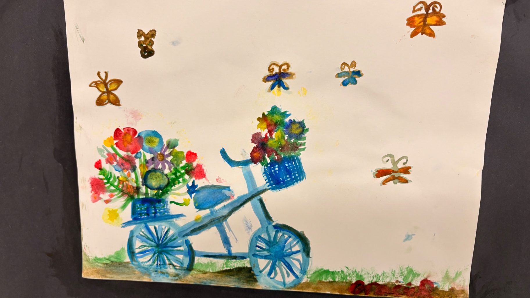 Watercolor bicycle with flower baskets and butterflies