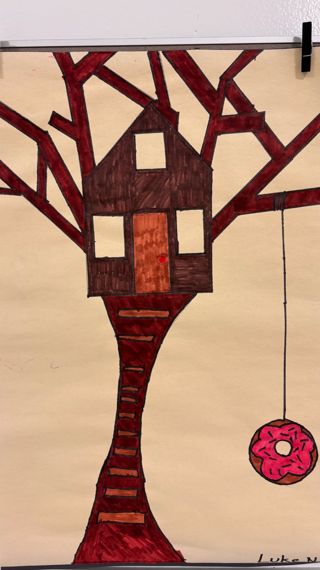 Marker drawing of a cozy treehouse with a donut on a string, by Luke