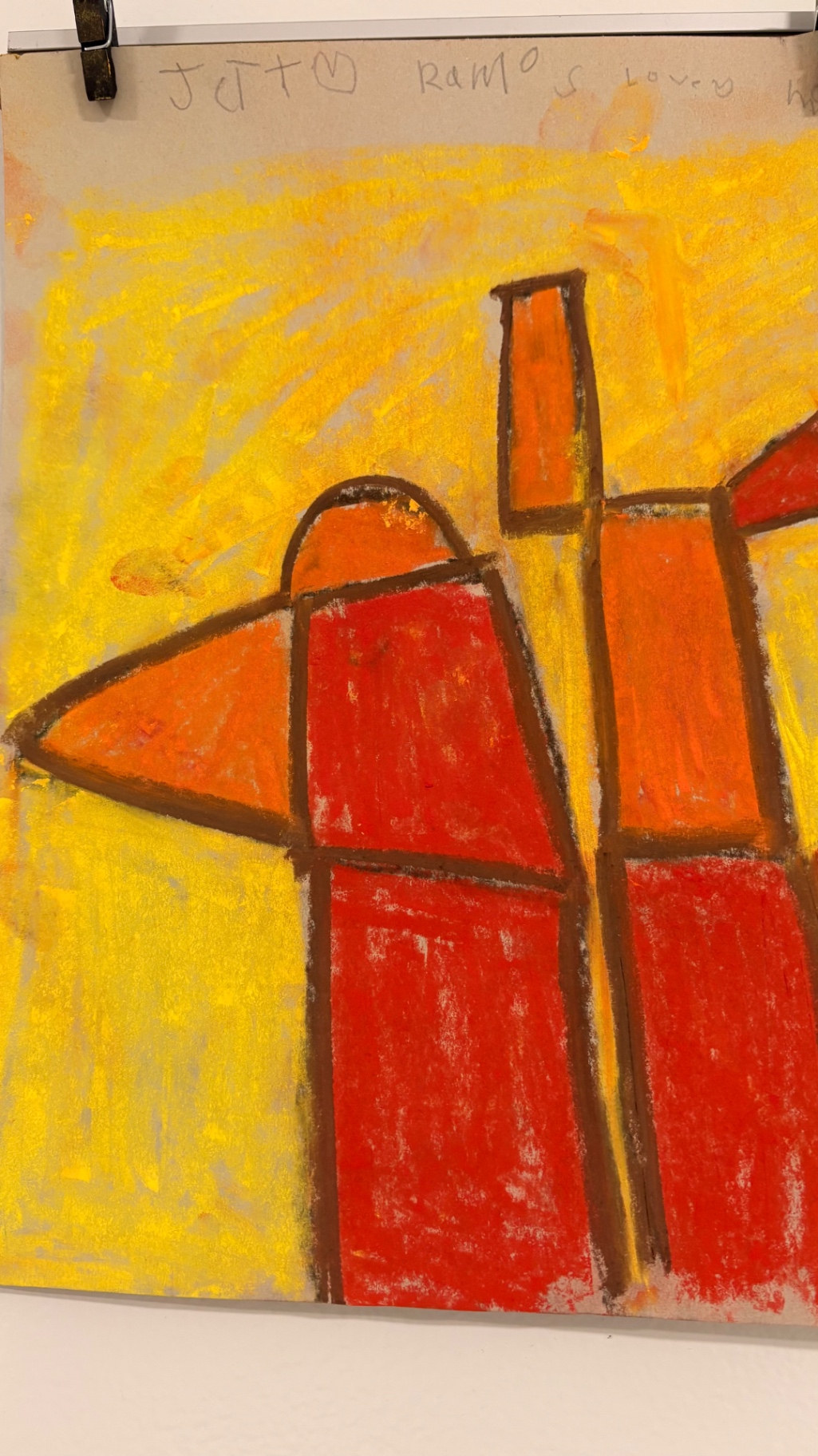 Oil pastel abstract in red, orange, and yellow geometric shapes, by Jett