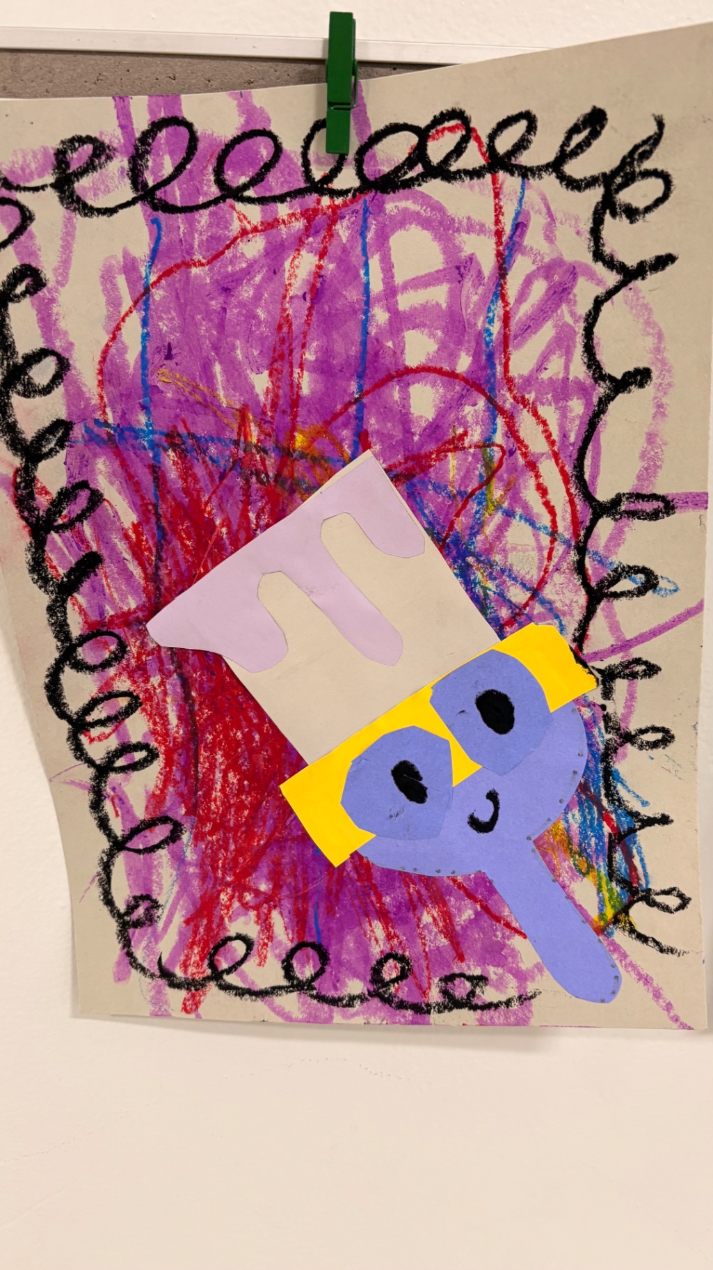 Mixed-media paintbrush collage on purple and red oil pastel background