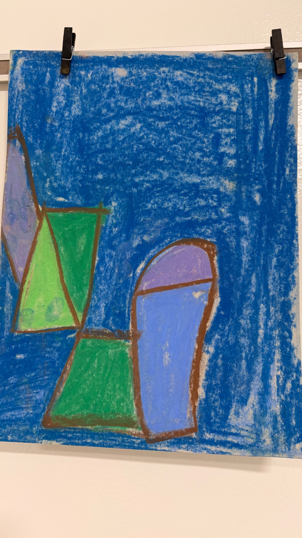Blue oil pastel landscape with green and purple geometric shapes