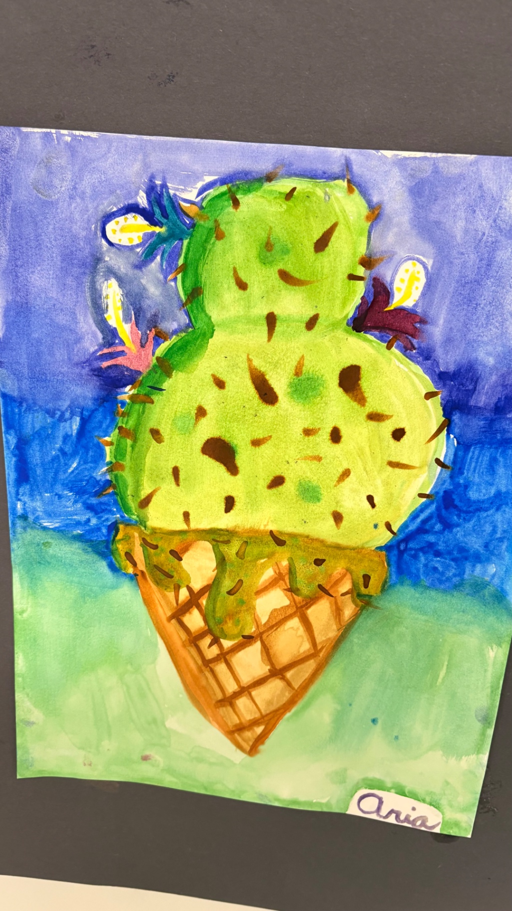 Watercolor cactus ice cream cone by Aria