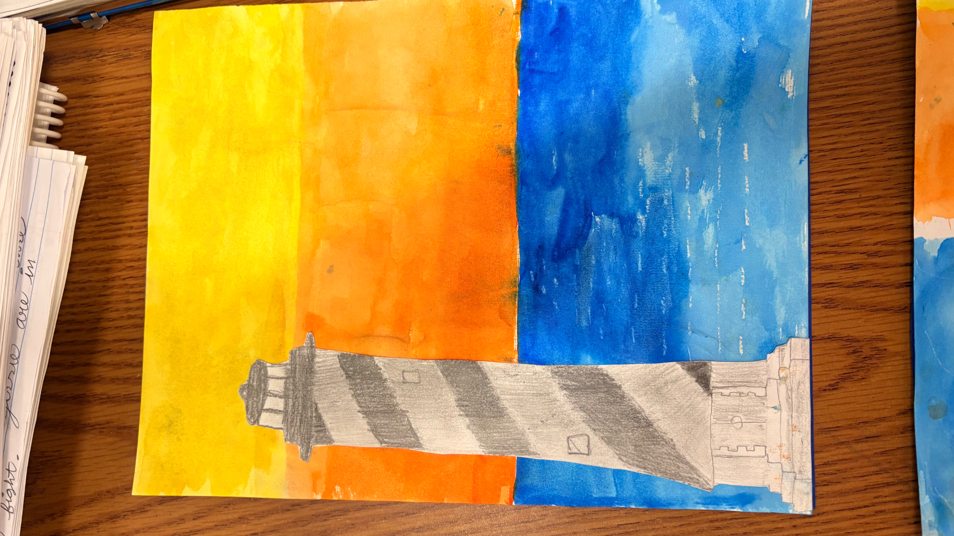 Striped lighthouse drawing centered across a yellow, orange, and blue background